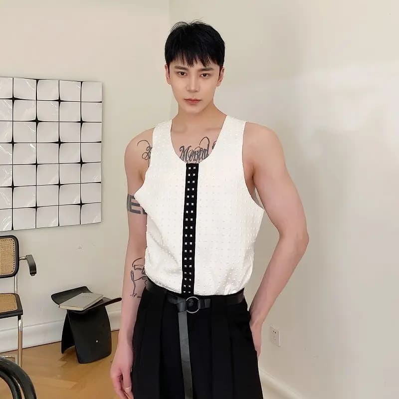 Men Cotton Tank Top Rivet Decorative Webbing Band Casual Workwear Sleeveless T Shirt, Minimalist Pullover Vest Summer Streetwear