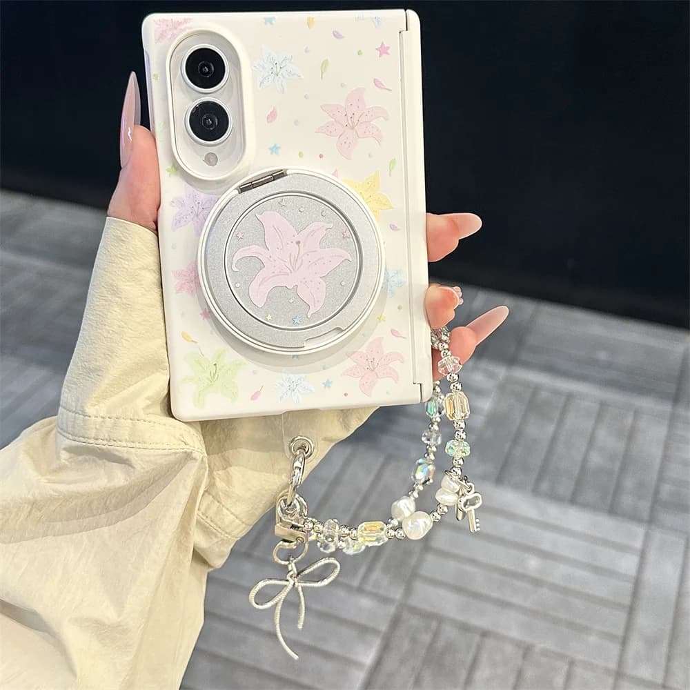 Pastel Lily Floral Phone Case For Samsung Galaxy Z Fold8 Mirror Bracket Crystal Bead Wrist Strap Hinge Hard Foldable Shell
