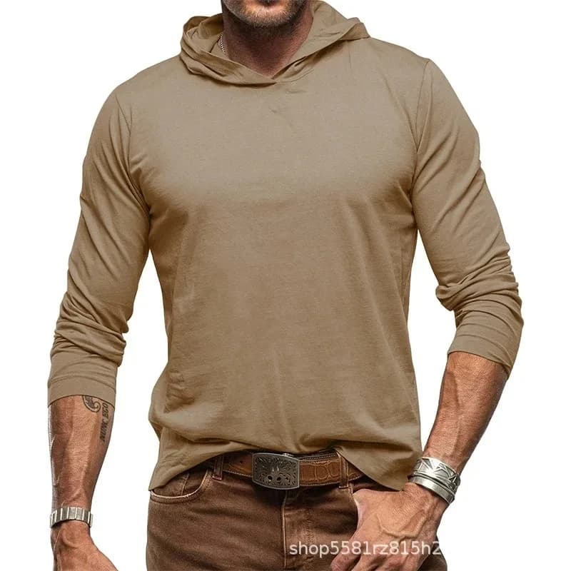 2025 Autumn Winter New Fashion Men's Solid Color Casual Trendy Loose Hooded Long Sleeve Cotton Outdoor Undershirts Male Clothes