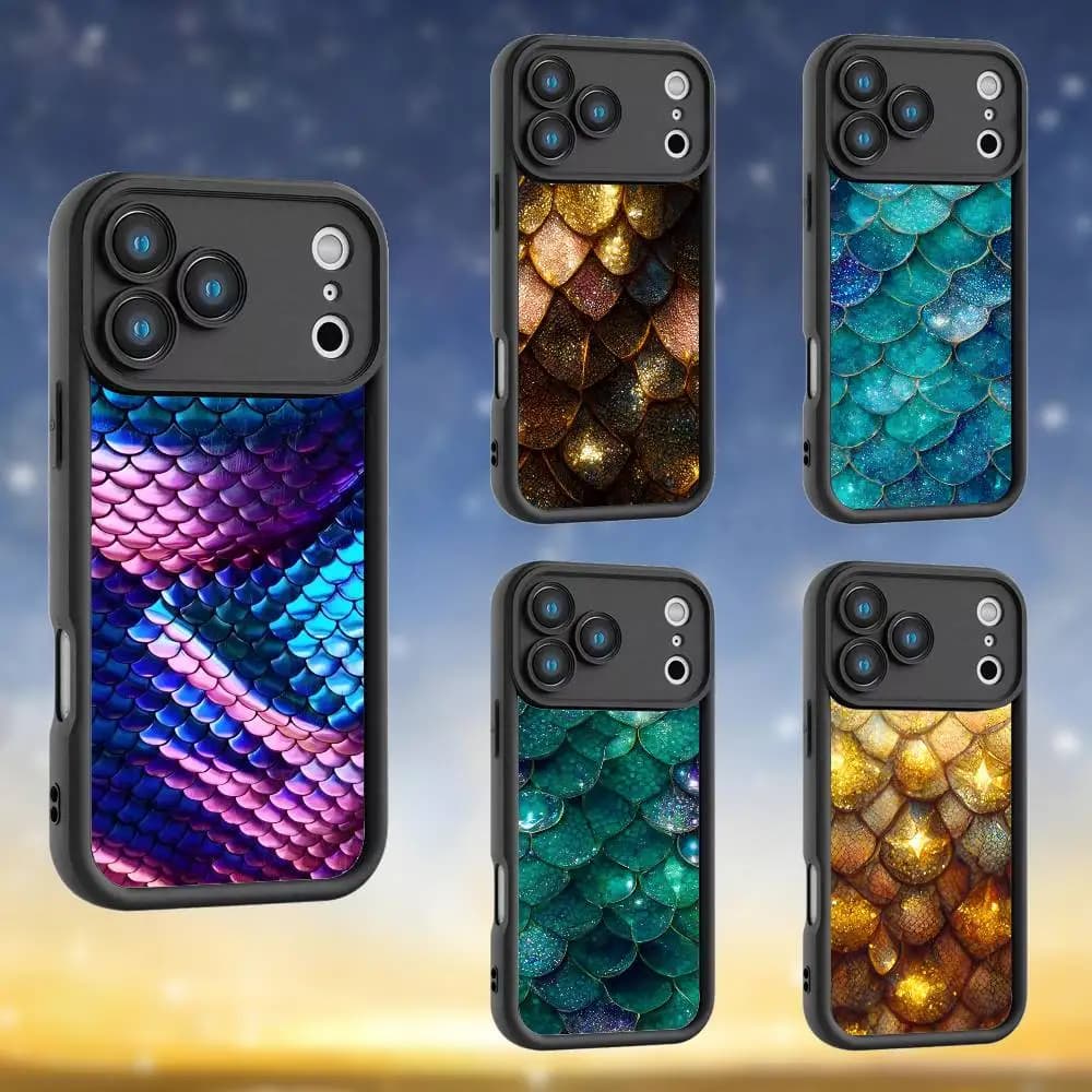 Dragon Scale Phone Case For iPhone 17,16,15,14,13,12,Pro,Max,Plus,E,SE4,Air, emery Black Full Coverage TPU