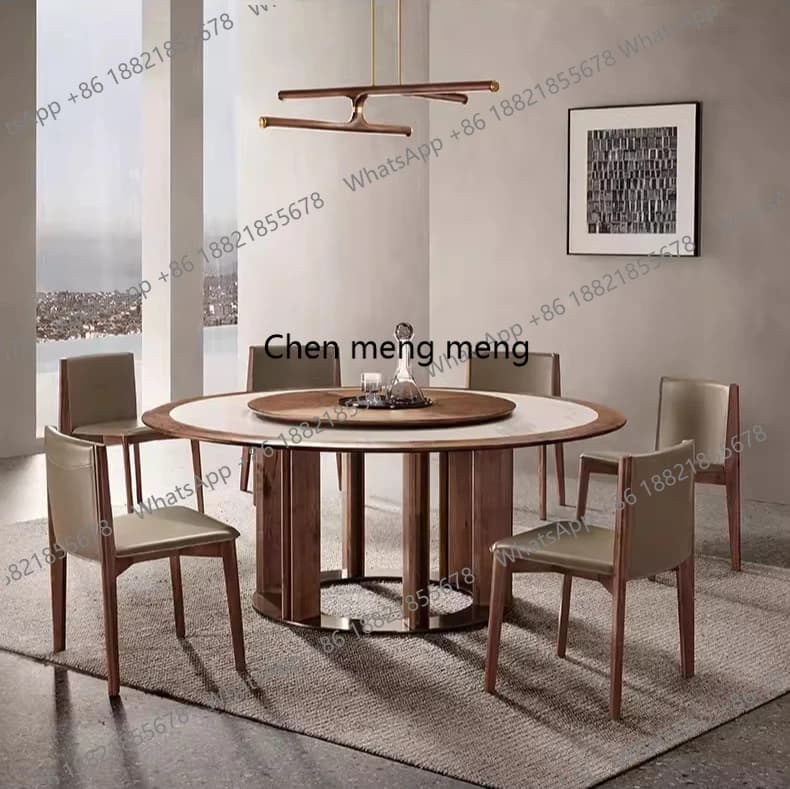 Italian light luxury North American black walnut round table solid wood rock slab dining table home with turntable customization