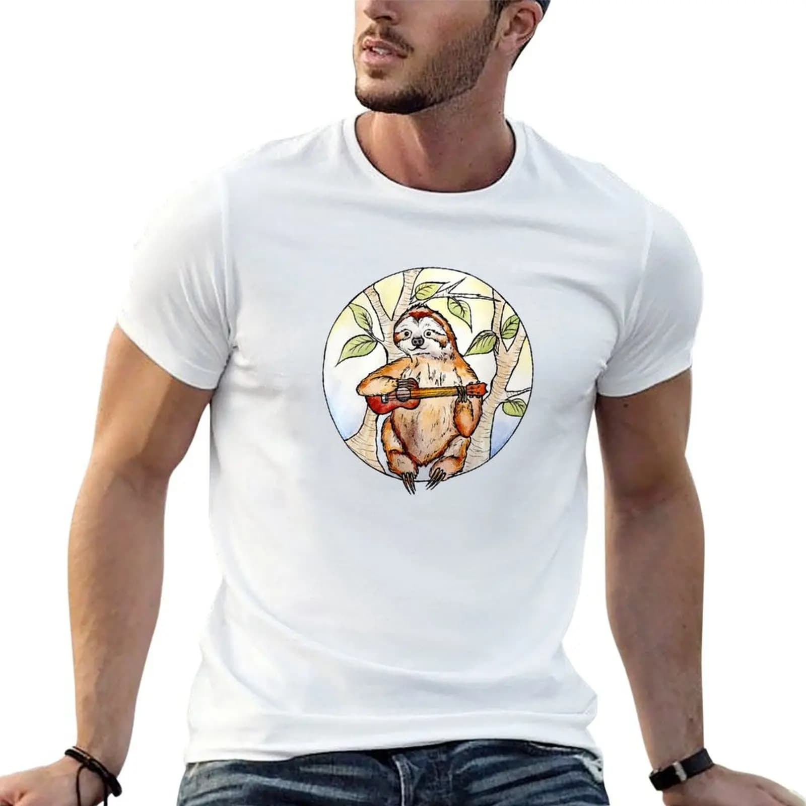 Sloth playing a ukulele T-Shirt anime t shirts hippie clothes compression shirt men
