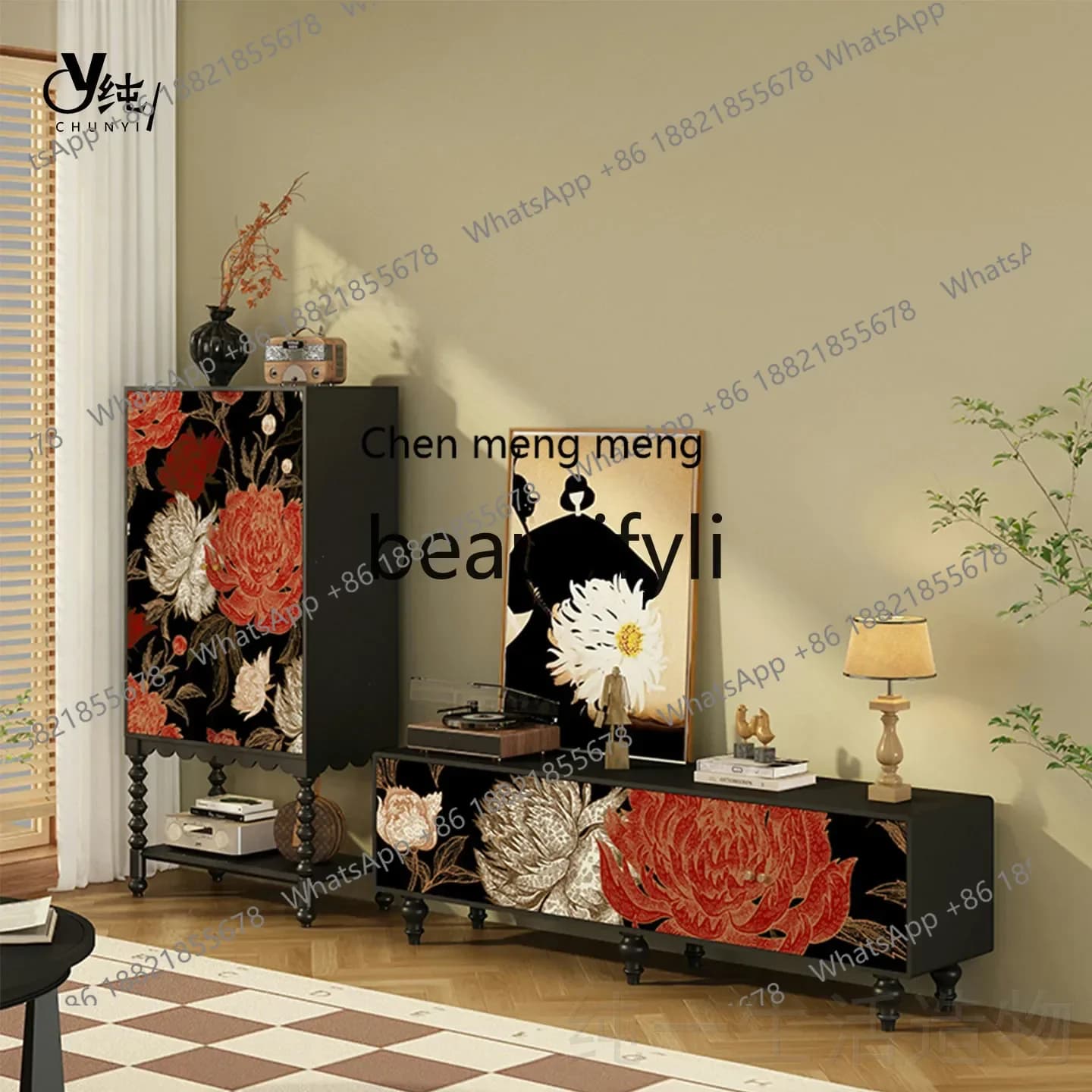 A32 French Vintage Style Solid Wood High Cabinet Floral TV Cabinet Living Room Storage Cabinet