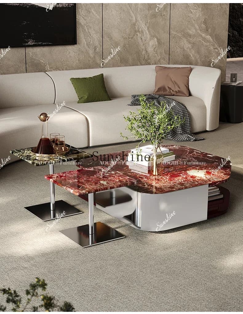 Premium Italian living room simple light luxury stainless steel marble high and low coffee table combination  FT
