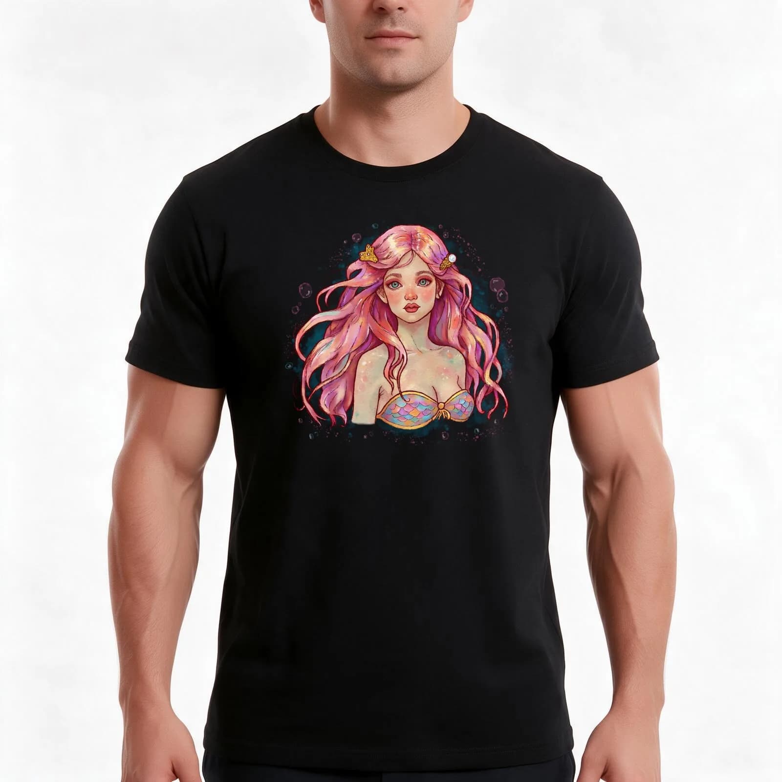 Dreamy Mermaid Portrait T-Shirt, Summer Casual Cotton Tee, Oversized Streetwear Tops, Vintage Graphic Print, Unisex Men Women