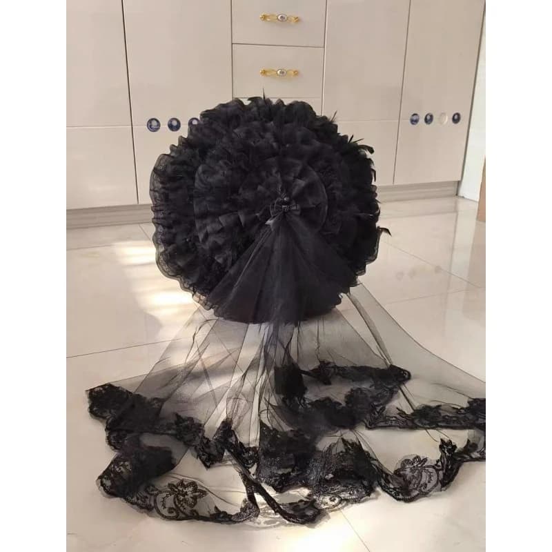 Handmade Black Feather Umbrella With Detachable Tulle Decorative Party Shooting Prop Umbrella