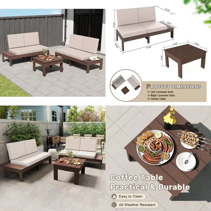 2026 Hot HDPE Outdoor Patio Sofa Set 3-Piece Modern Conversation Left/Right Arm Sofas Cushioned Sectional Seating Coffee