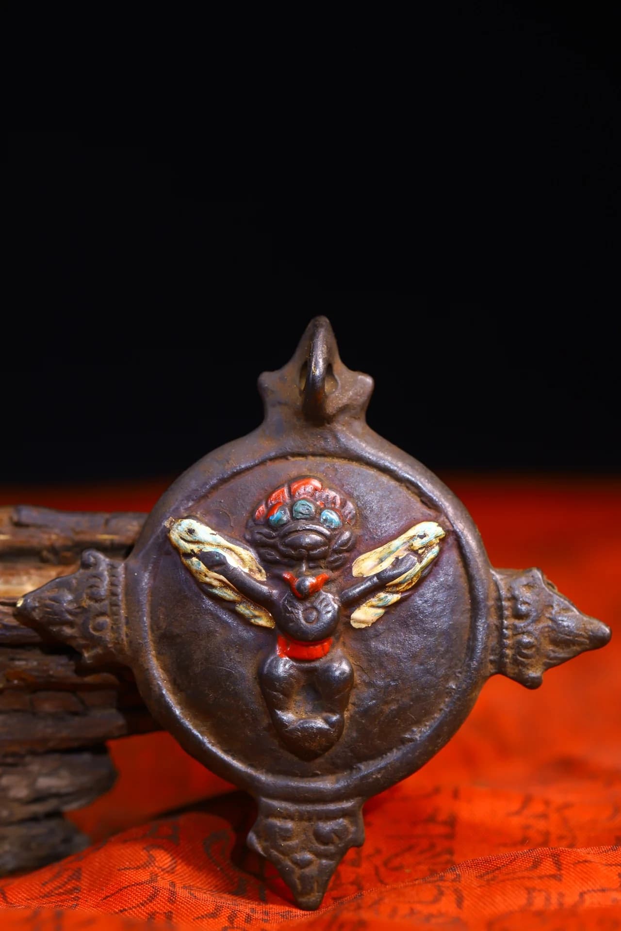 3"Tibetan Temple Collection Old Bronze Painted Cinnabar GARUDA Buddha Card Garuda Dhwaja Dharma Amulet Worship Hall Town House