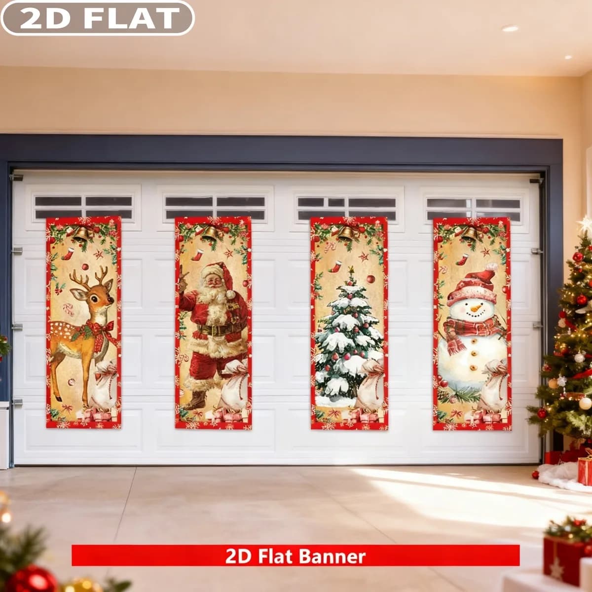 2D FLAT 4pcs Festive Christmas Party Banners - 18x47 Inch Warm-Toned Polyester Wall Decor With Santa, Reindeer, Snowman & Tree
