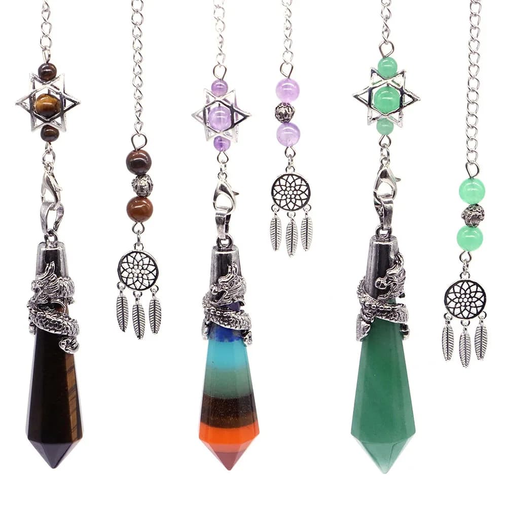 Dragon Pillar Natural Crystal Healing Pendulum 12 Facet Stone Quartz Point Pendant with Dream Catcher Jewelry Dowsing Divination