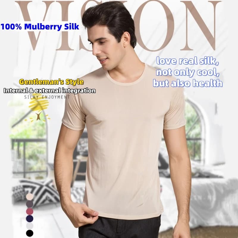 Luxurious Man 100% Mulberry Silk T-shirts Anti Wrinkle Elastic Quality Tops Breathable Soft High End Ice Cool Feel Casual Tshirt