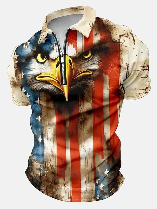 Men’s Eagle Patriotic Flag Armed Forces Pattern America Flag Casual Polo Collar Polo Shirt Zip Up Polo Shirt