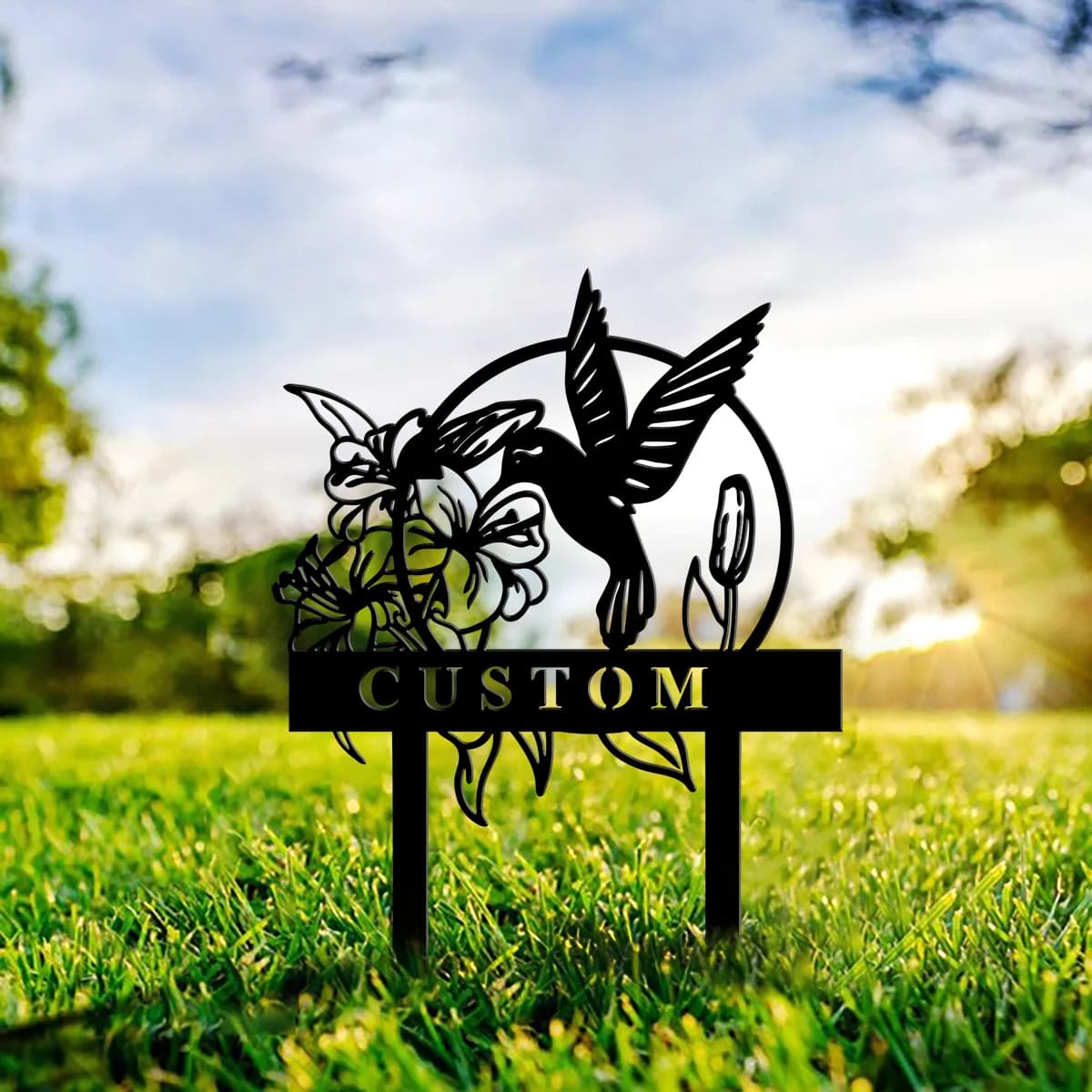 Personalized Outdoor Minimalist Metal Decorations Flower Hummingbird Welcome Stake Signs,Garden Metal Sign, Custom Name Sign