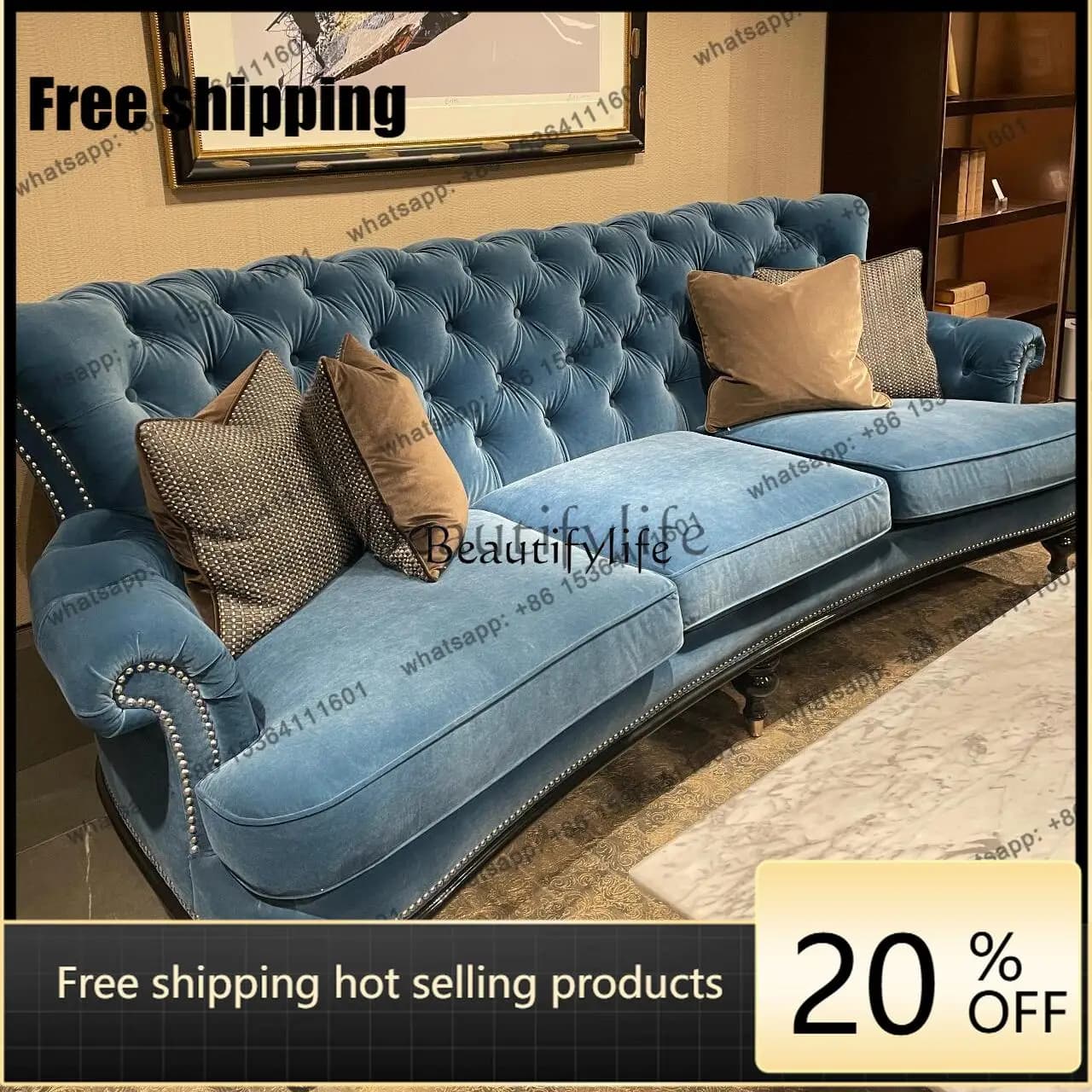 Factory CustomizationAmerican light luxury fabric sofa living room French retro buckle three-person curved European sofa