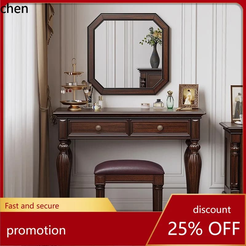 CZ Vintage Country Full Solid Wood Makeup Table Bedroom Black Walnut Makeup Table with Mirror Dresser