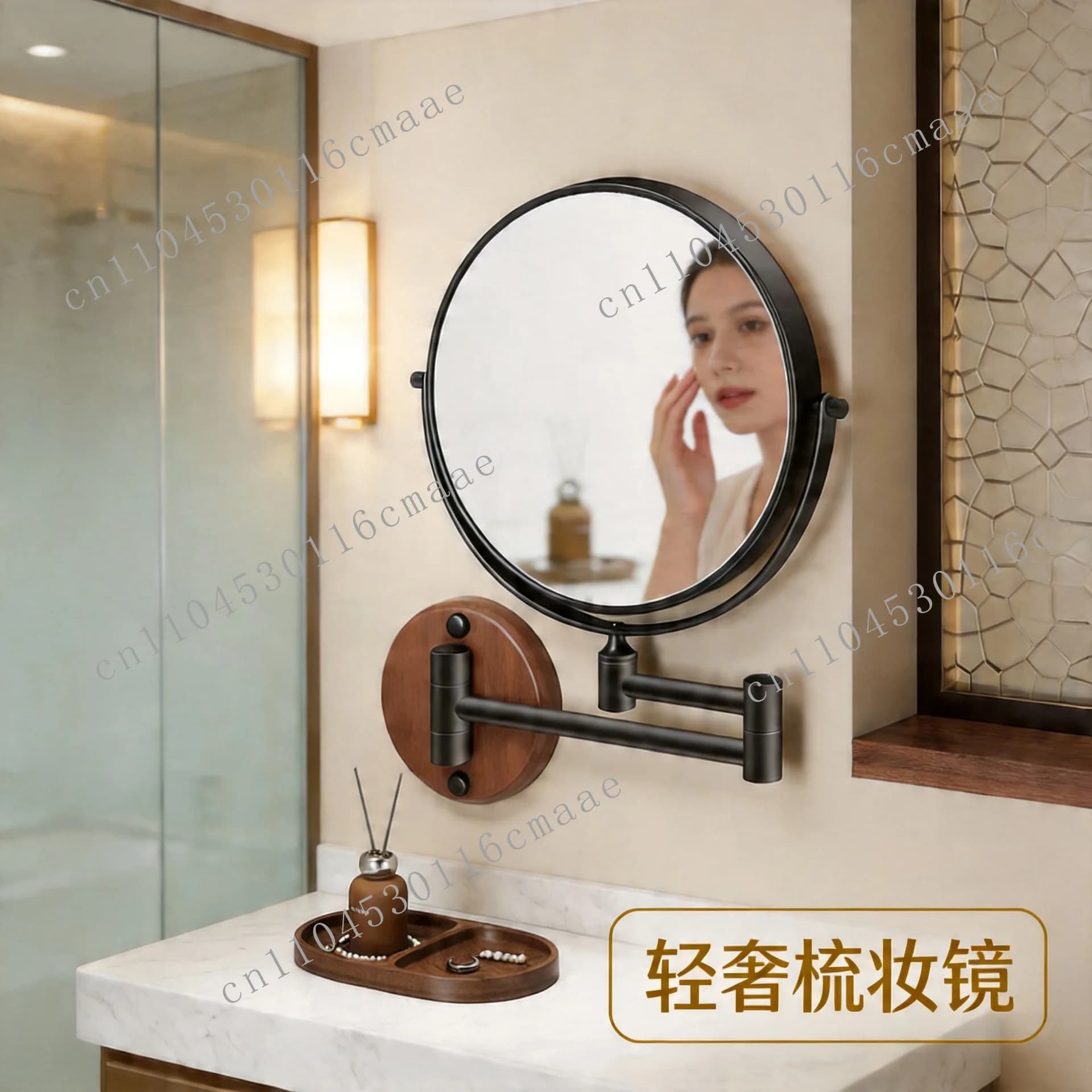 Non-punching walnut bathroom vanity mirror, folding home wall-mounted beauty