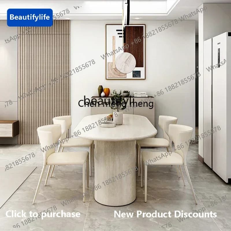 183F Travertine dining table natural marble household French oval modern simple, small apartment retro restaurant