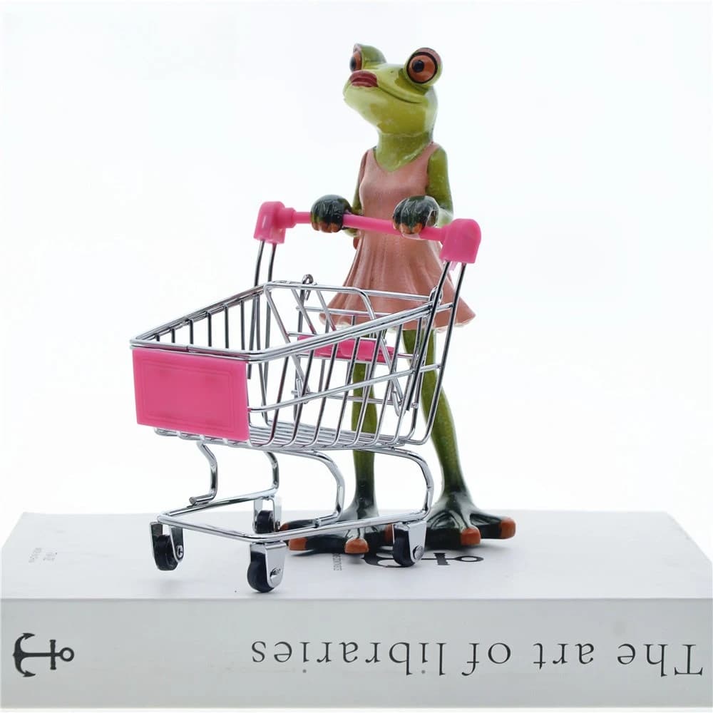 Long Legged Frog Lady Statue Shopping Frog Figurine Small Cart Creative Home Desktop Supermarket Shopping Mall Decorations