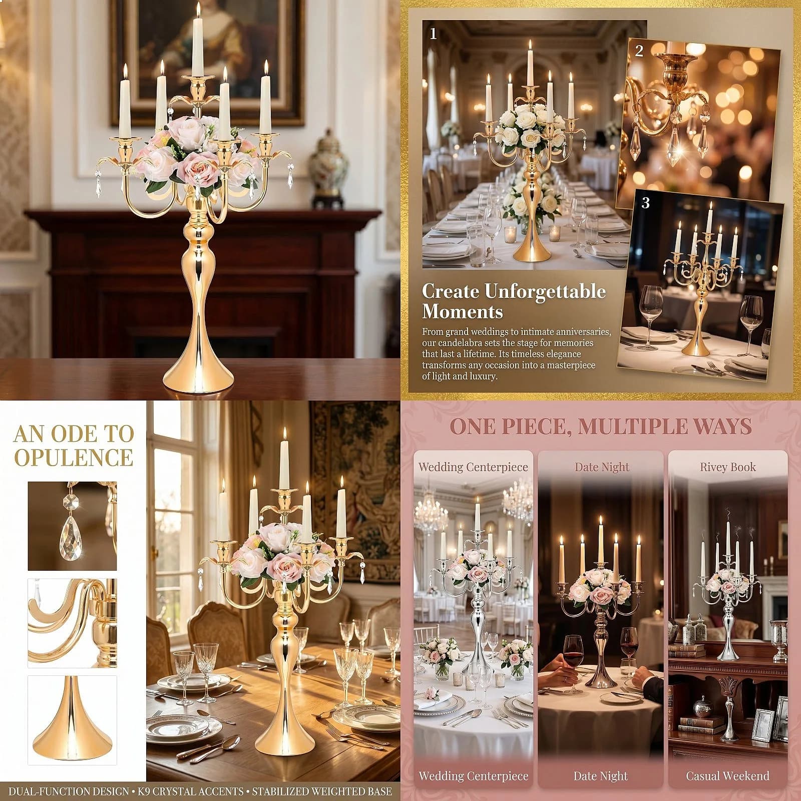 5-Arm Candelabra with K9 Crystal Drops Weighted Metal Candlestick Dual-Use Floral Centerpiece for Wedding Banquet Table Decor