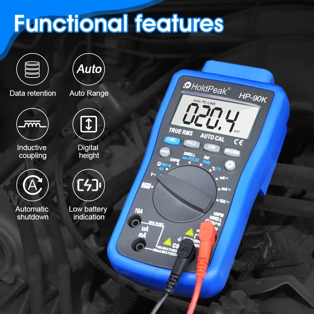 HoldPeak Digital Engine Analyzer Tester HP-90K Auto Range Car Diagnostic Tool with Data Output by USB Automotive Multimeter