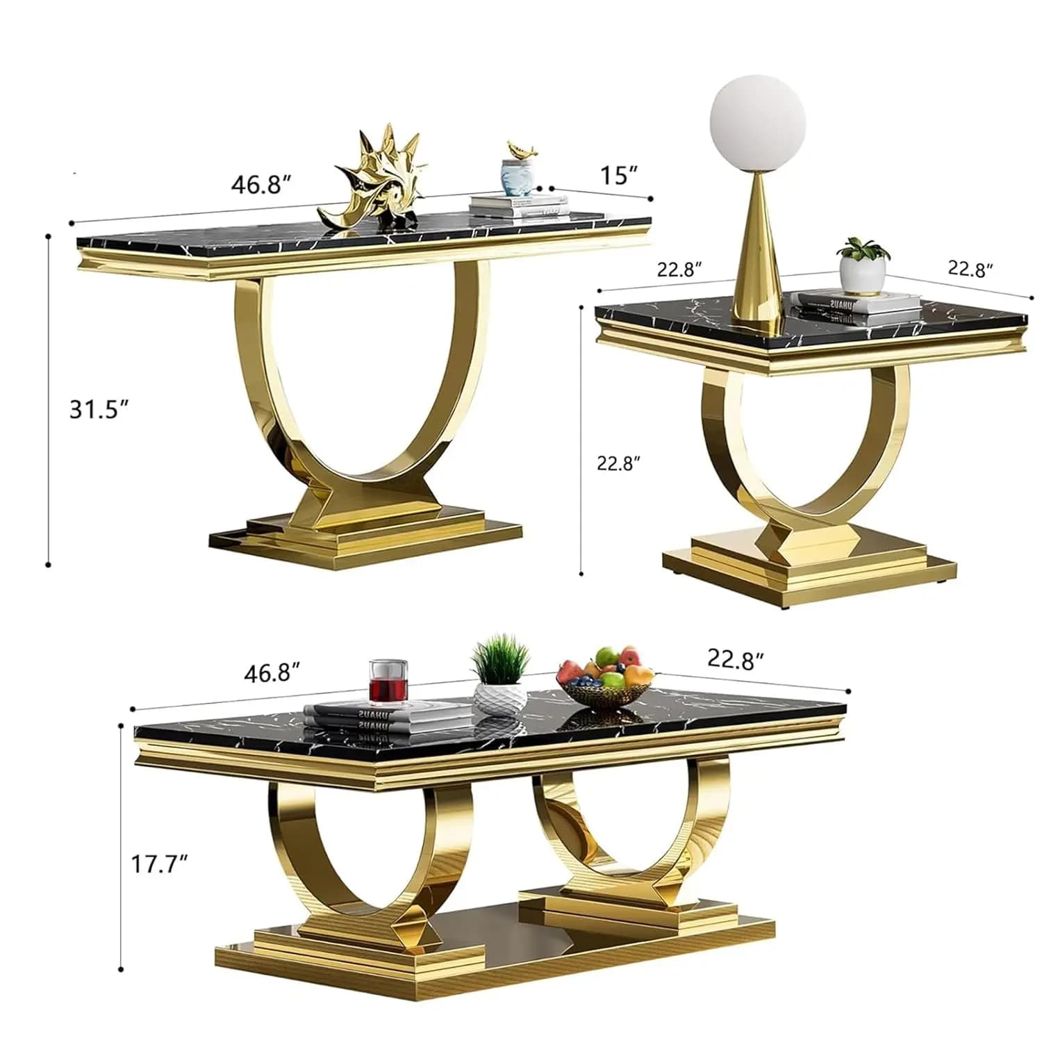 4 Piece Modern Living Room Table Set, Black & Gold Faux Marble Coffee Table & Console Table & 2 End Tables, Luxury Stainless Ste