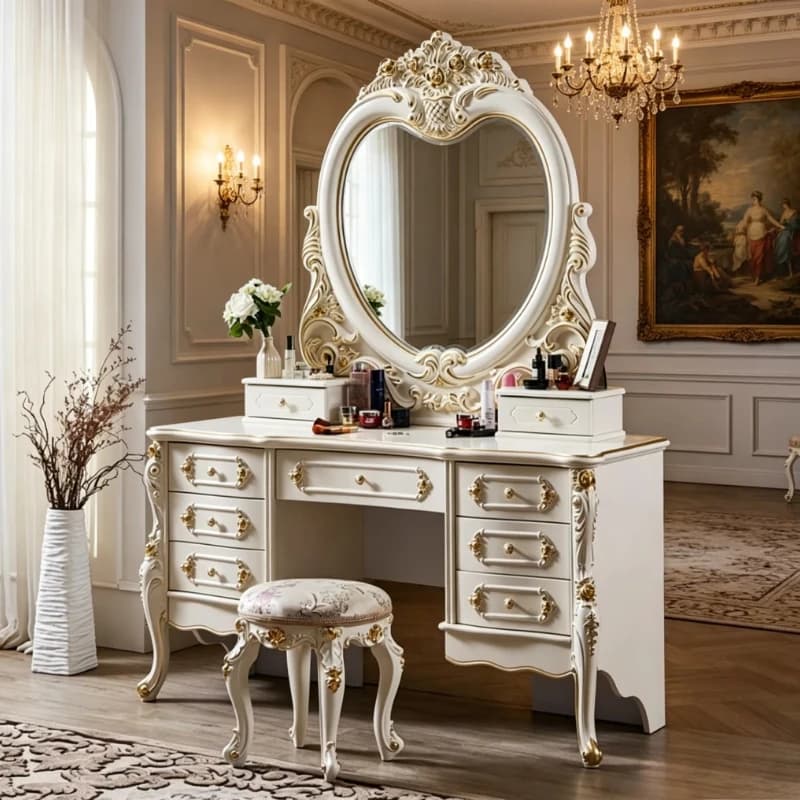 European solid wood dresser bedroom white princess luxury assembled mirror stool large space furniture French style