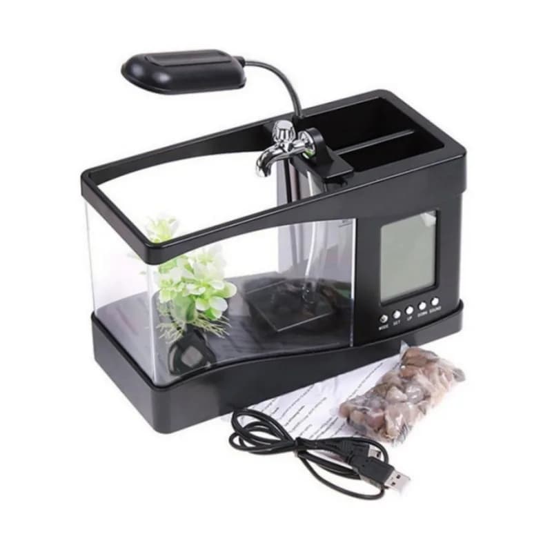 USB Mini Aquarium Pen Holder Combo with LED Clock Calendar Desk Lamp Office Gift
