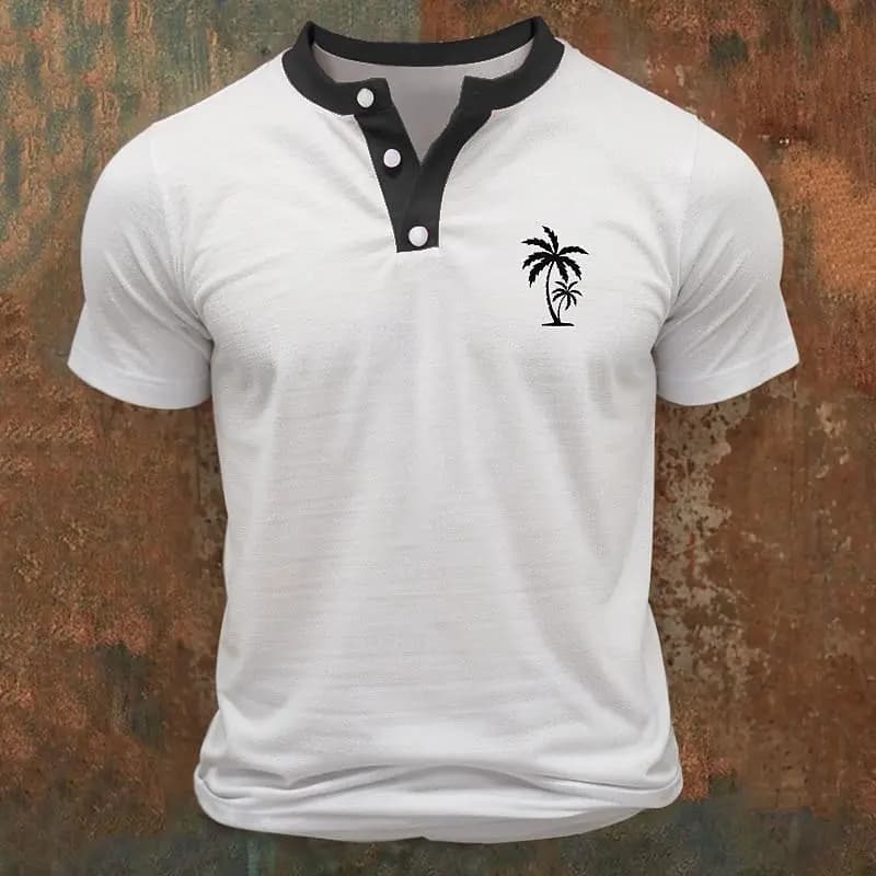 Summer Coconut Tree 3D Print Henley Shirts Men's Fashion Streetwear Oversized Button Short Sleeve T Shirt Tees Tops Man Clothing