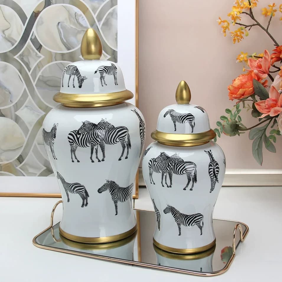 36cm/Light Luxury Electroplated Zebra Gold Plated Ceramic General Jar Craft Hotel Tabletop Decoration Small Flower Vase Flower I