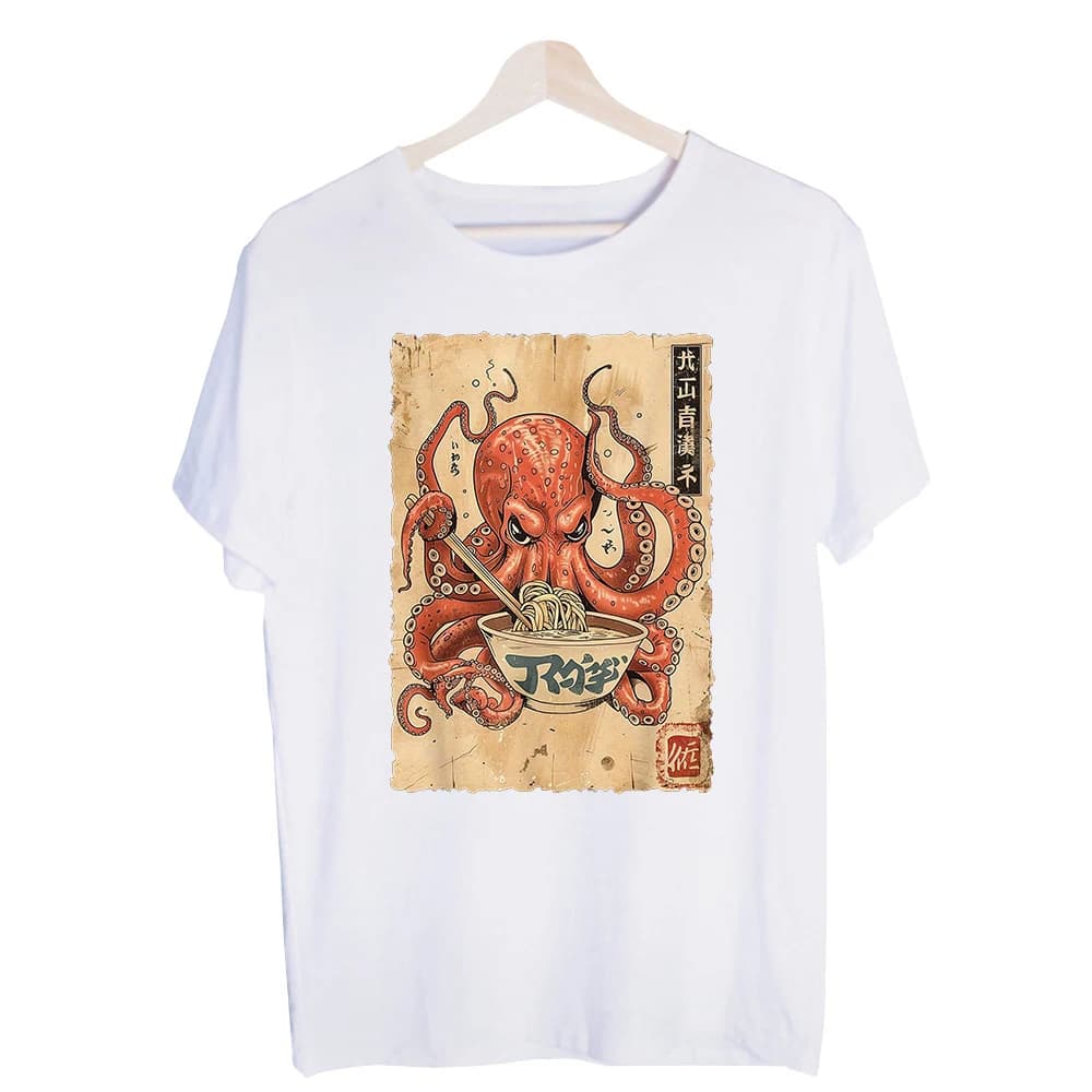 Men's Octopus Noodle Bowl Graphic Tee, Short Sleeve Crew Neck T-Shirt Casual Streetwear and Everyday Outfits