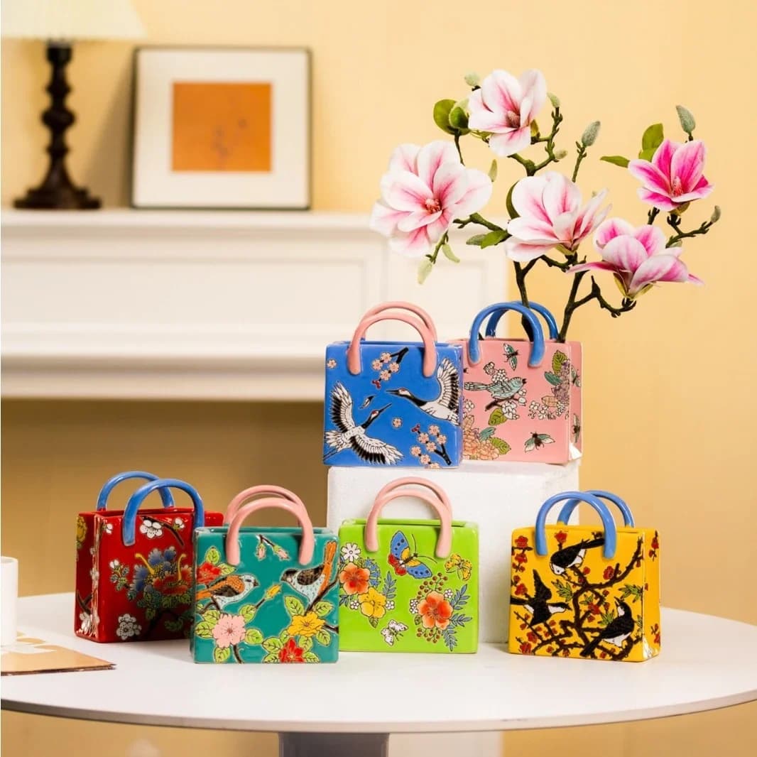 Colored Hand-painted Ceramic Handbag Flower Vase Flowerpot Chinese-style Retro Blue-and-white Porcelain Bag Vases Pots