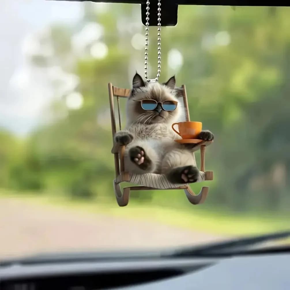 2D Cute Cat-Shaped RearView Mirror Pendant Auto Interior Car Realistic Animal Hanging Ornament Car Interior Decoration (Flat 2D)