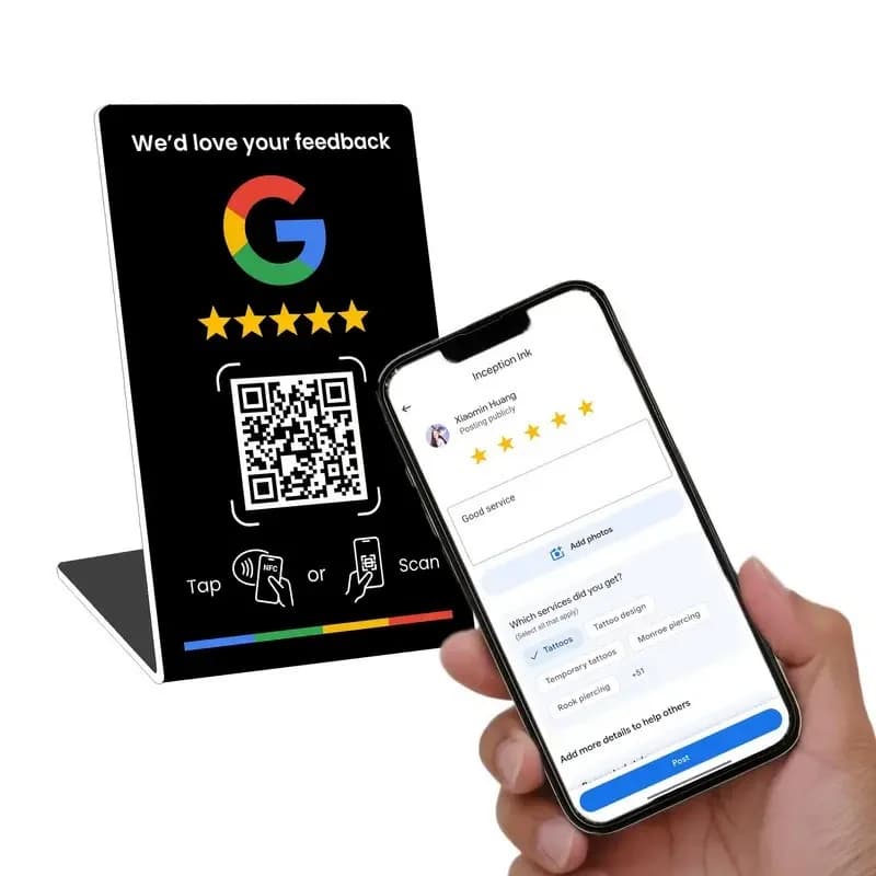 NFC Chip QR Code Stand Sign Acrylic Menu Display Card Google Review Tap Display Plate Ntag 215 Non-contact Key Card Smart Card