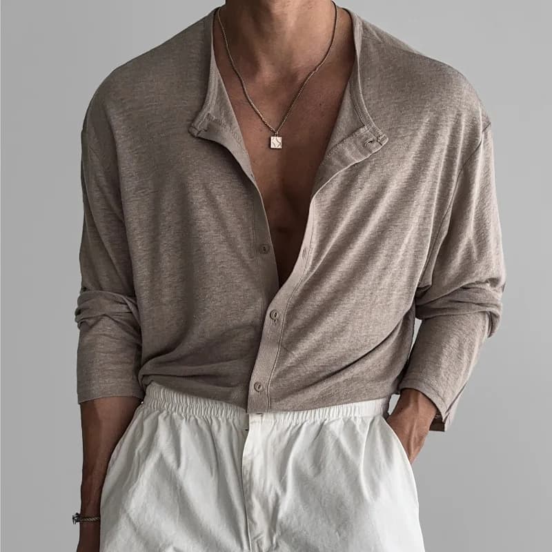 New Men's Cotton Henley T Shirt Long Sleeve T-Shirts Basic Casual Button Collar Breathable Daily Top Tees
