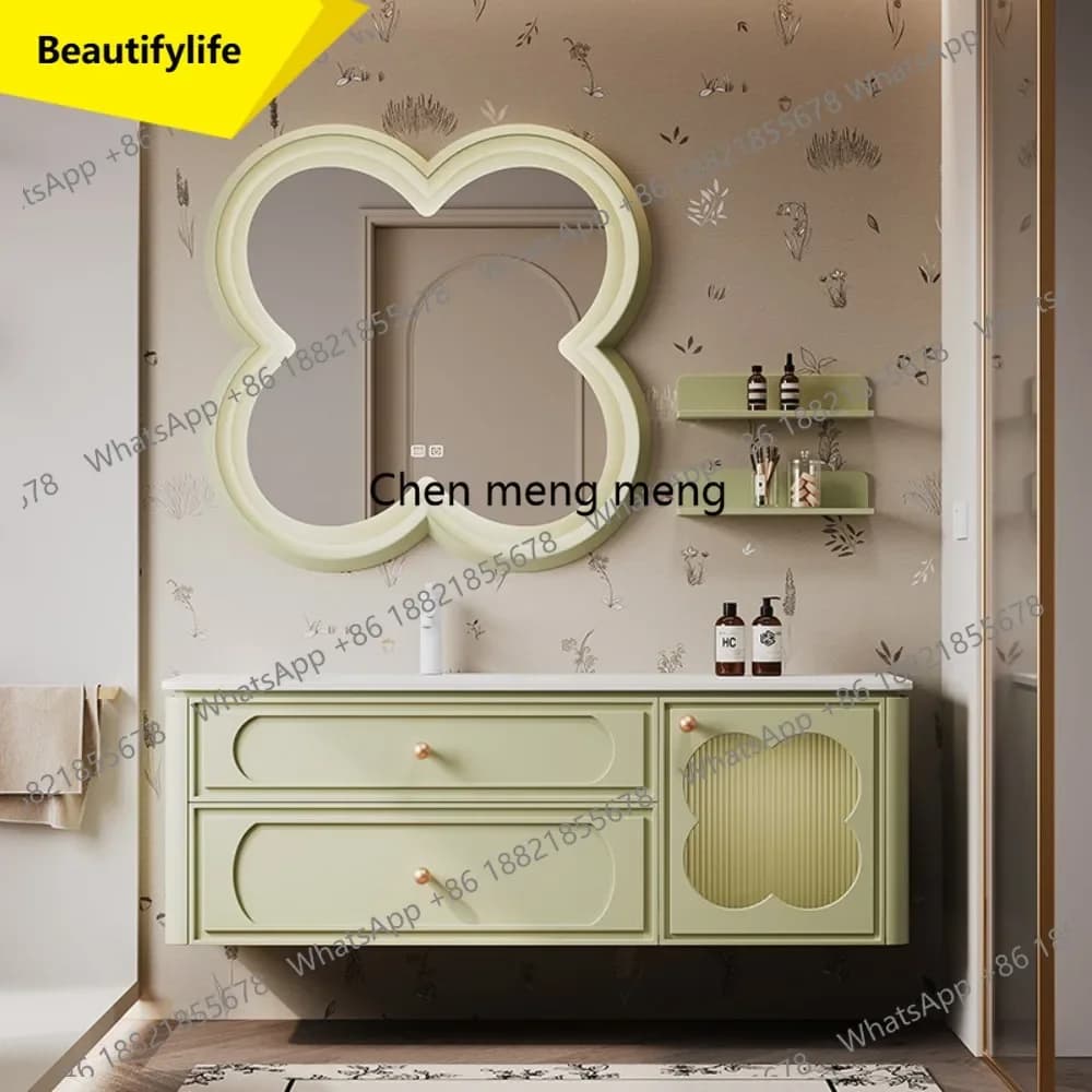 6239  Bathroom Cabinet French Cream Air Bathroom Cabinet Combination Hot Bending Integrated Basin Smart Mirror Cabinet