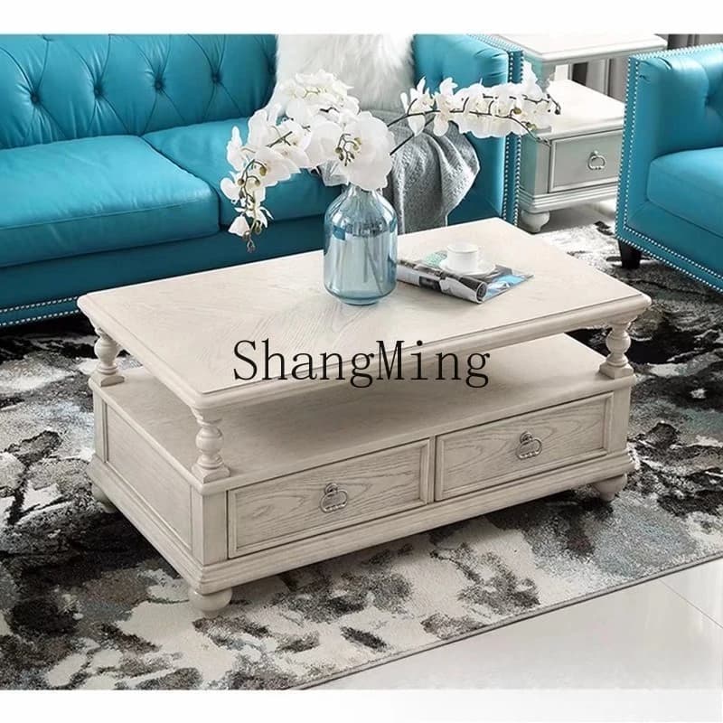 ZYY solid wood coffee table living room retro old double draw rectangular coffee table storage storage table
