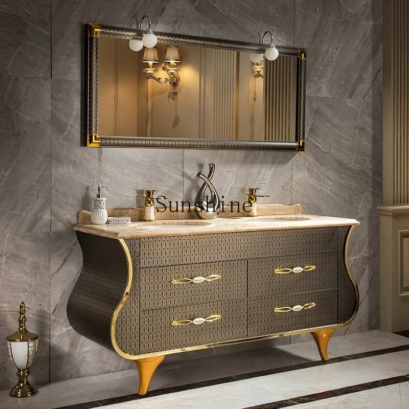 New Chinese stainless steel bathroom cabinet combination bathroom double basin floor cabinet  FT