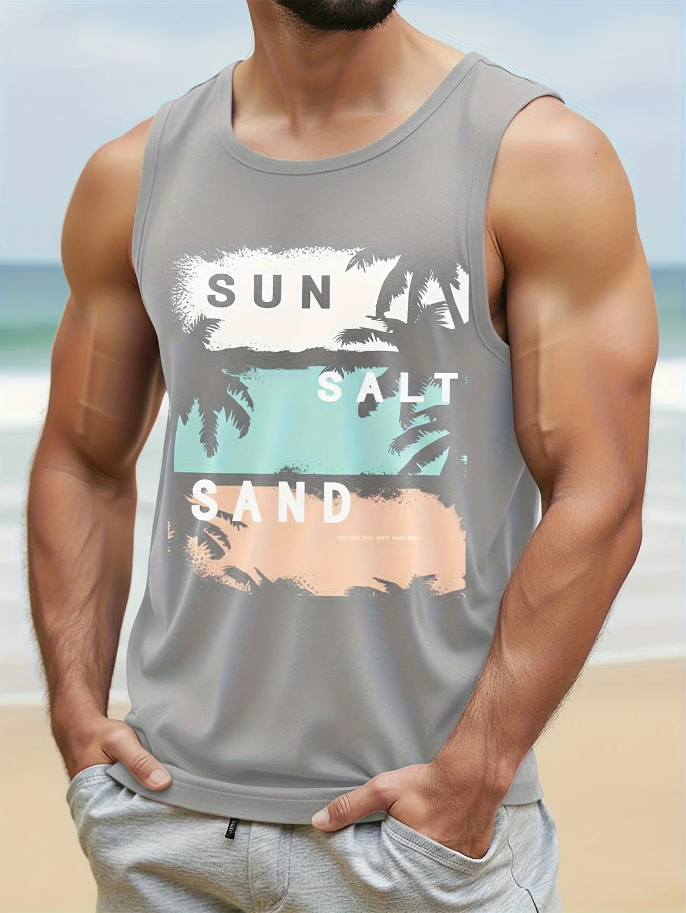 Men's Summer Palm Tree Pattern 3D Printed Dark Grey Knitted Tank Top, Sleeveless Pattern Vacation Fashion Breathable Top