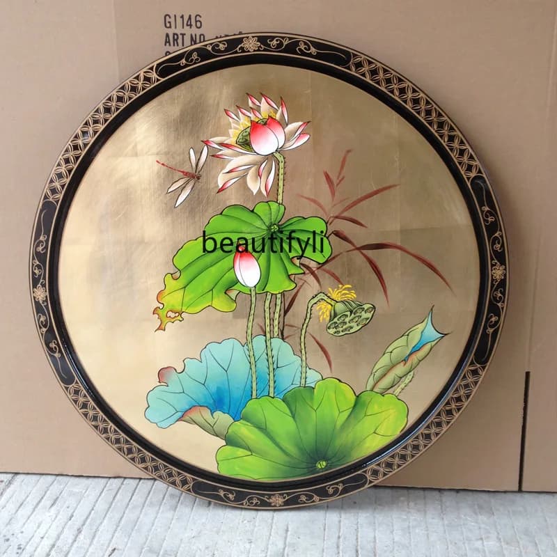 Gold foil hand-painted dragonfly lotus hanging painting Ming and Qing classical furniture decorative painting round entry