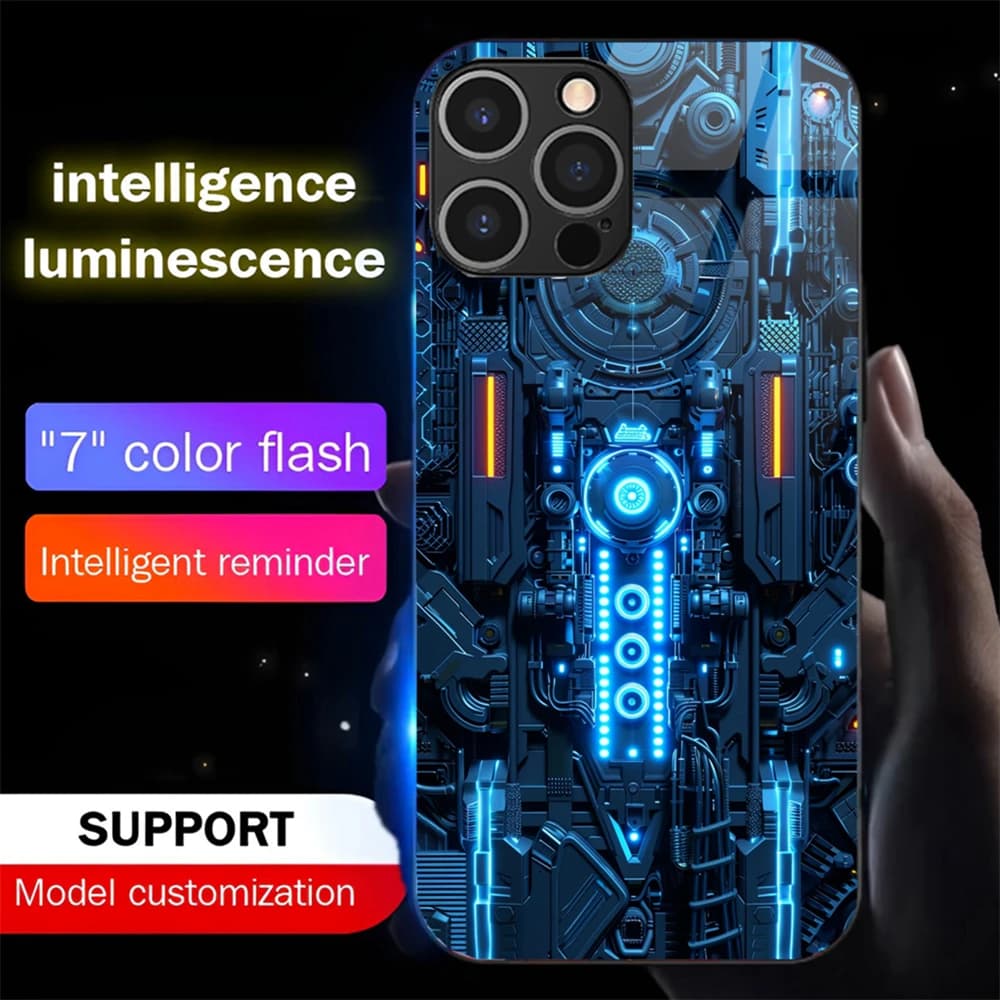 Luxury Blue Chip Pattern Luminous Phone Case LED Light Glass Shockproof Cover For iPhone Air 17 16 E 15 14 13 12 11 Pro Max Plus