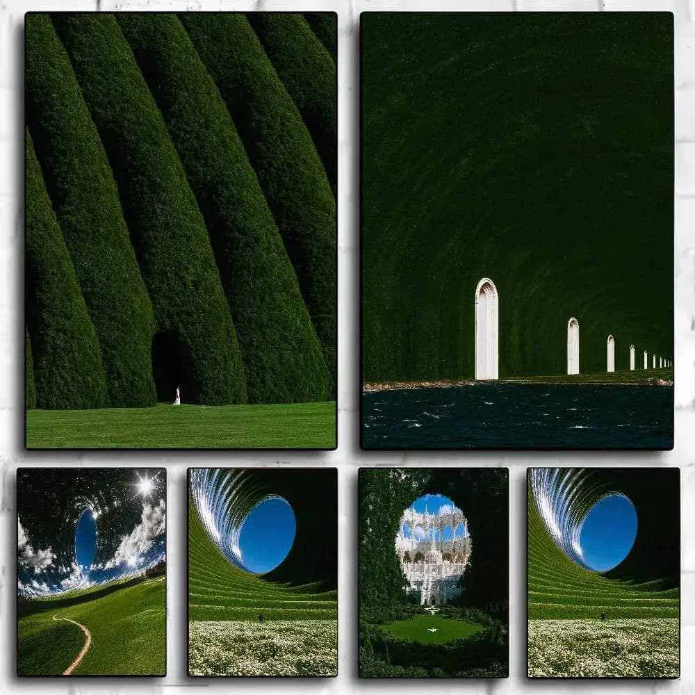 Surreal Dreamy Green Landscape Poster Infinite Spiral Portal Scenery Surrealism Arch Garden Sky Optical Illusion Bedroom Decor