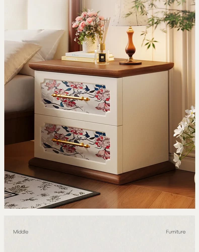 HYS retro bedside wooden double pump storage bedside cabinet small side few medieval printed drawer locker