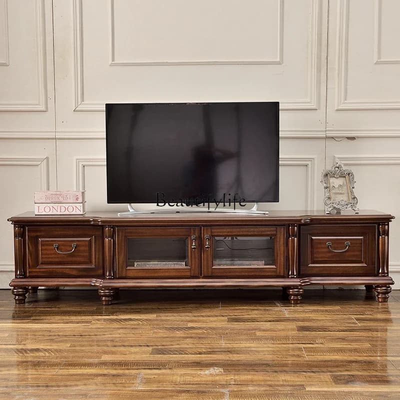 01All solid wood TV cabinet, black walnut TV cabinet 2 meters small apartment living room