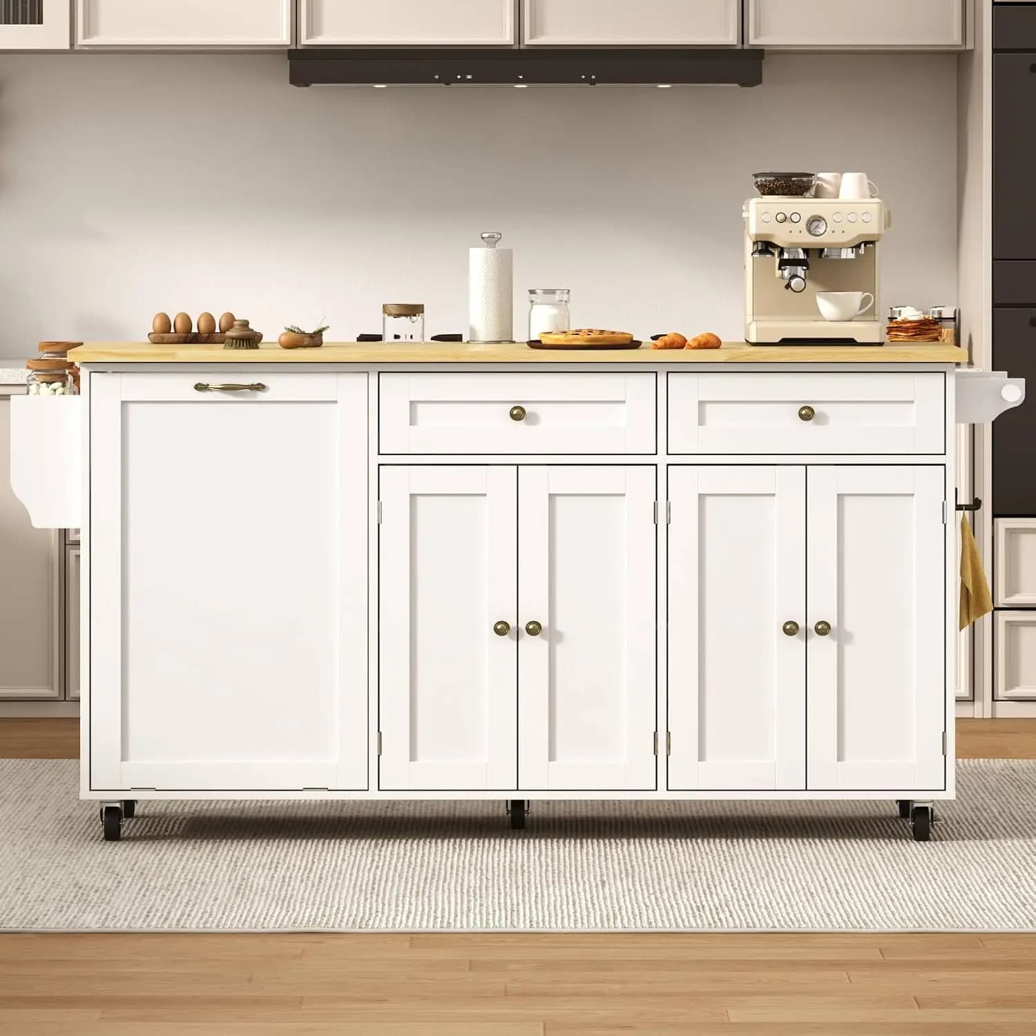 67" Rolling Kitchen Island with Trash Can Storage, Drop Leaf, Power Outlet, Large Storage Cabinet, Spice Rack & Tower Rack