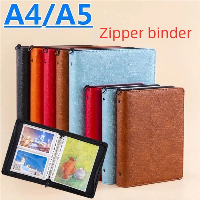 Crocodile Embossed A4/A5 PU Leather Zippered Binder – Loose-Leaf Ring Album  for Photos, Music, Documents, Cards & Art