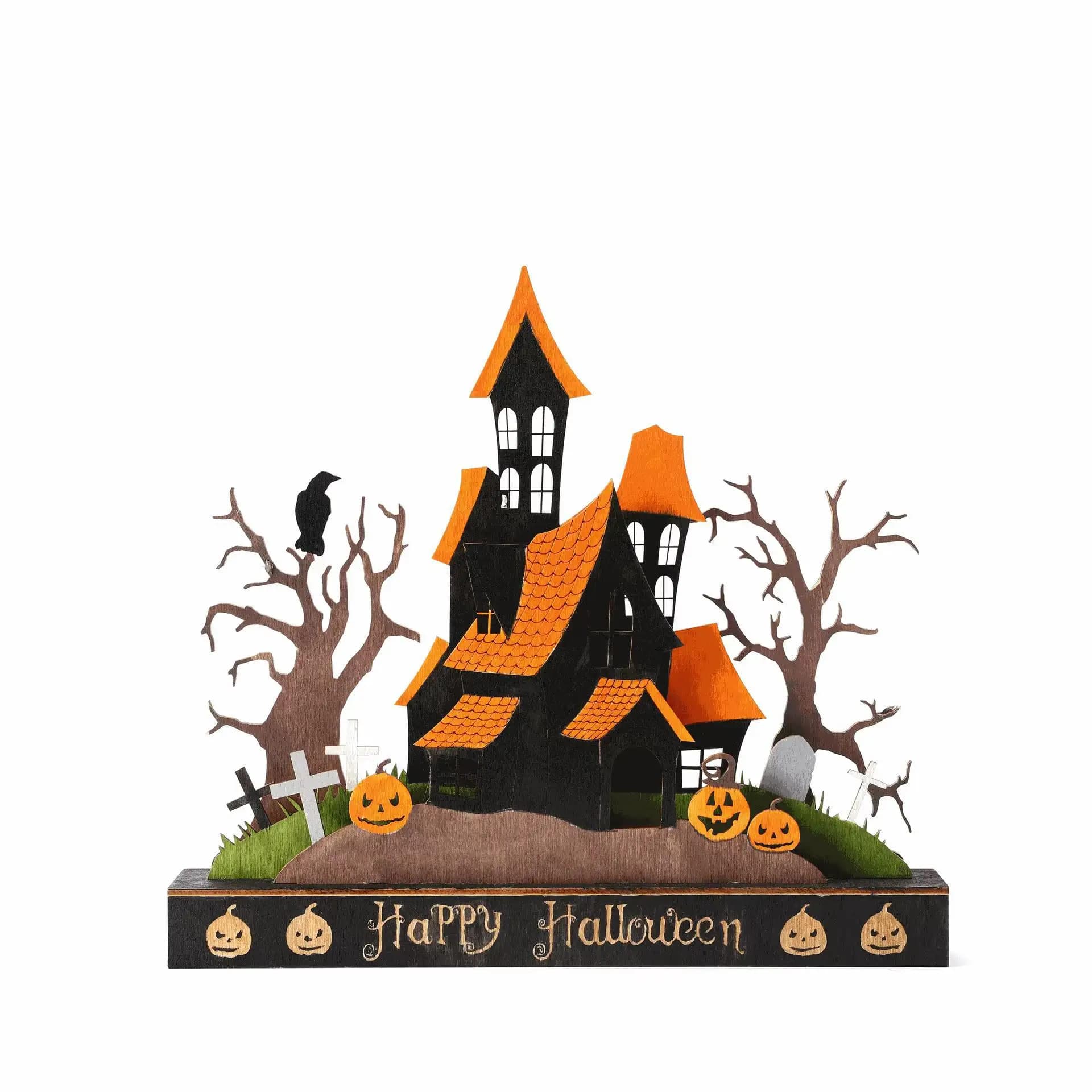 New Halloween Wooden Ornament Pumpkin Haunted House Hollow Night Light Ghost Day Ornament