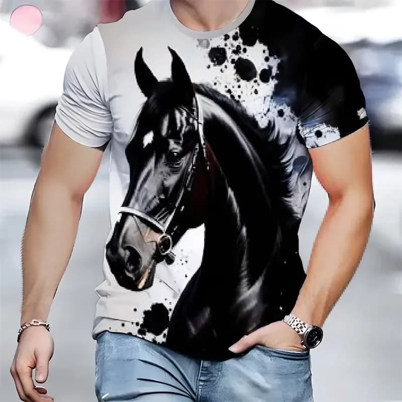 2026 Men's Horse Graphic T-Shirt with 3D Digital Print Designed for Sports and Outdoor Activities Featuring Stretch Fabric