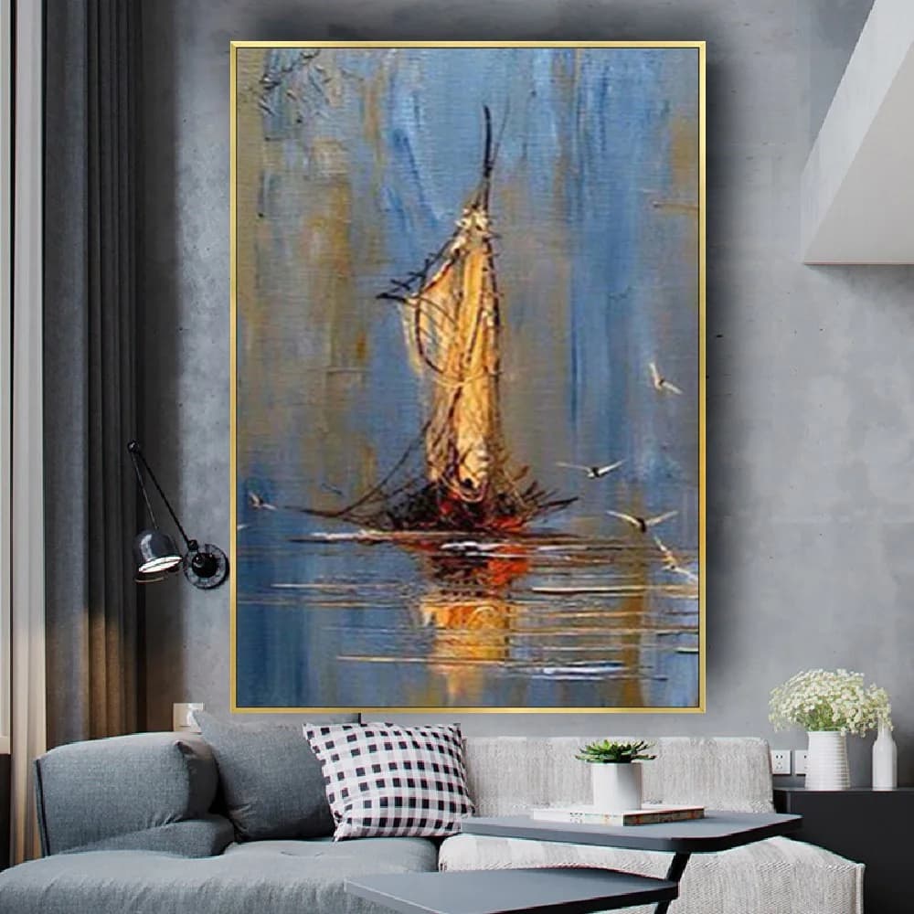Original Hand Painted Oil Painting Wall Decor Modern Knife Abstract Seascape Sailboat Picture Interior Wall Art For Home Decor