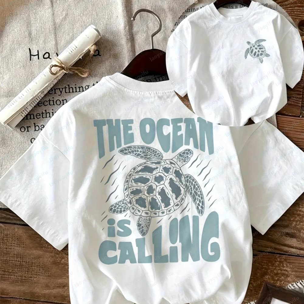 The Ocean Is Calling Sea Turtle Graphic T-Shirt Casual Cotton Short Sleeve Summer Beach Tee for Women Funny Outdoors Quality Top
