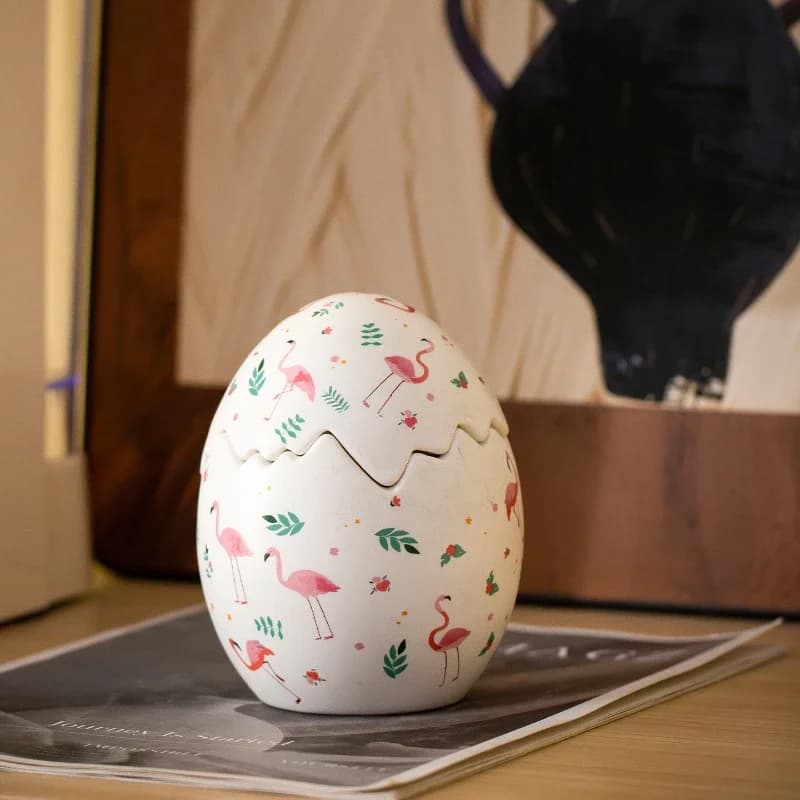 Easter Flamingo egg-shaped ceramic storage jar creative eggshell design detachable lid cute style desktop storage jar home decor